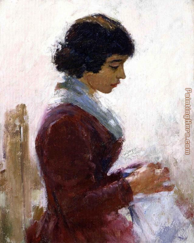 Theodore Robinson Girl in Red Sewing